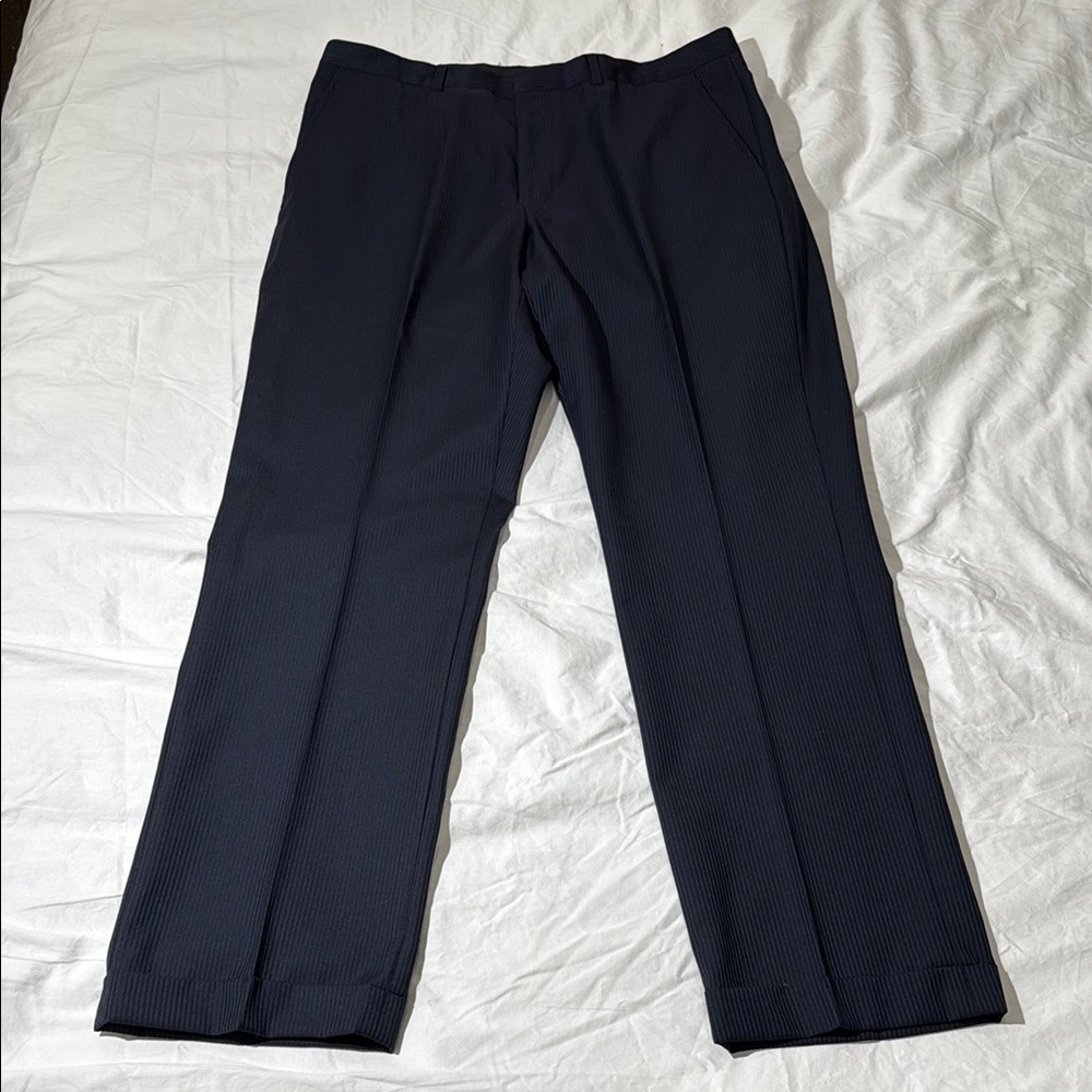 Kenneth Cole, Classic Navy Trousers w/ Muted Pinstripe, 34x31, Relaxed, Cuffed